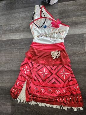 Girls Pink and White Tropical Halter Dress Moana Costume Sz Med With Accessories